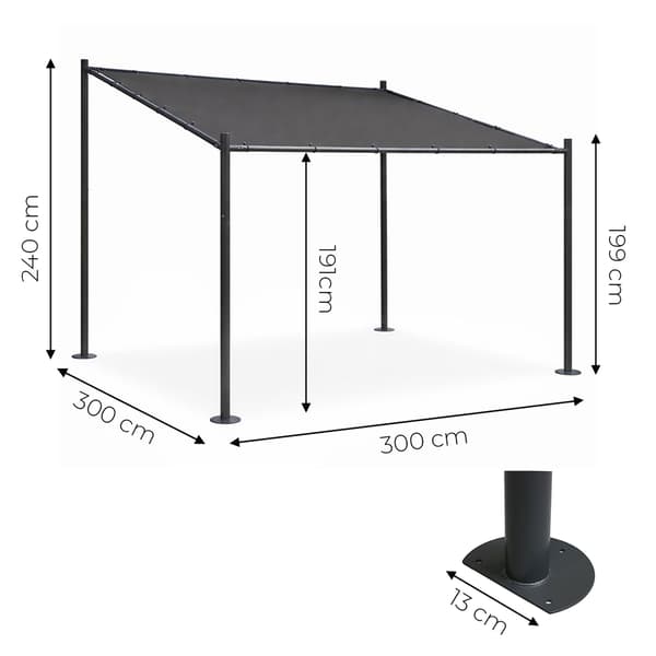 Havepergola 3x3m, stålramme, grå baldakin