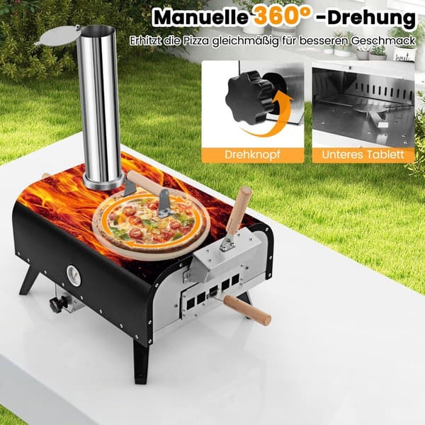 Udendørs pizzaovn i rustfrit stål med sten og termometer