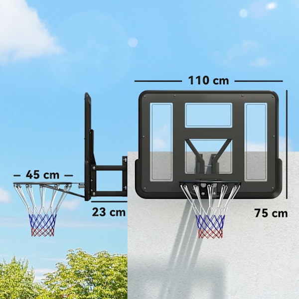 Basketkorg med bakvägg för utomhus & inomhus, baskettavla med Ø45 cm stålbåge och nät, väggfäste, basketbräda för vuxna, svart
