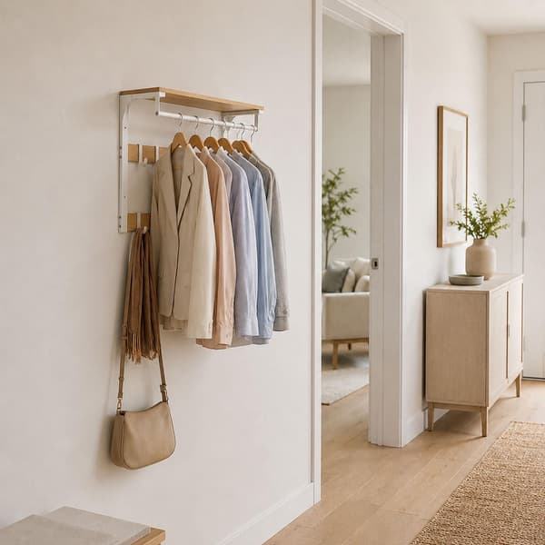 Väggmonterad klädhängare med hyllplan, vit ek, 65 cm
