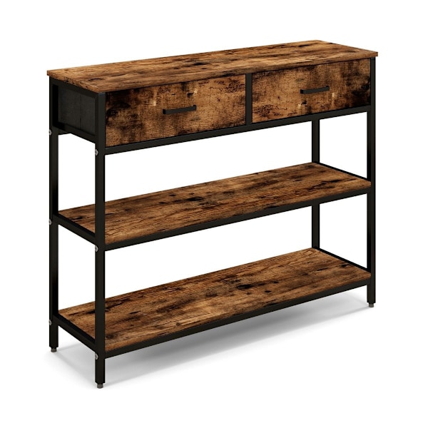 100 cm konsolbord med 2 stofskuffer 3 etagers sidebord rustik brun