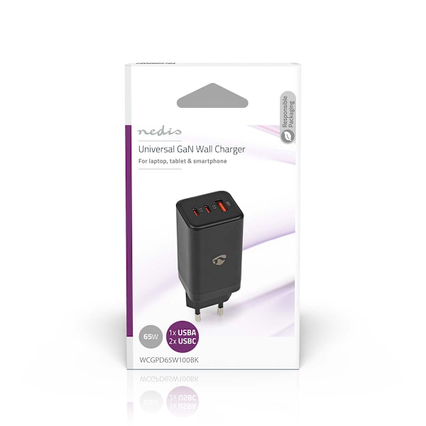Väggladdare | 65 W | GaN | Snabbladdnings funktion | 3.0 / 3.25 A A | Antal utgångar: 3 | USB-A / 2x USB-C™ | Automatiskt val av Spänning