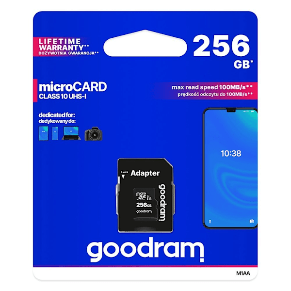 Mikrokort 256GB micro SD XC UHS-I klasse 10 hukommelseskort + SD-adapter