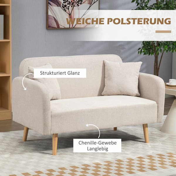 Krämfärgad 2-sitssoffa med kuddar, modern design, träben