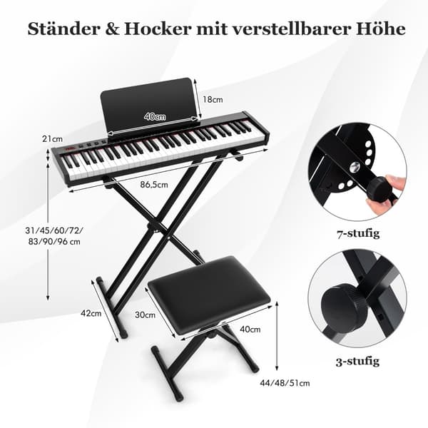 Bärbart elektroniskt keyboard med 61 tangenter, stativ och pall