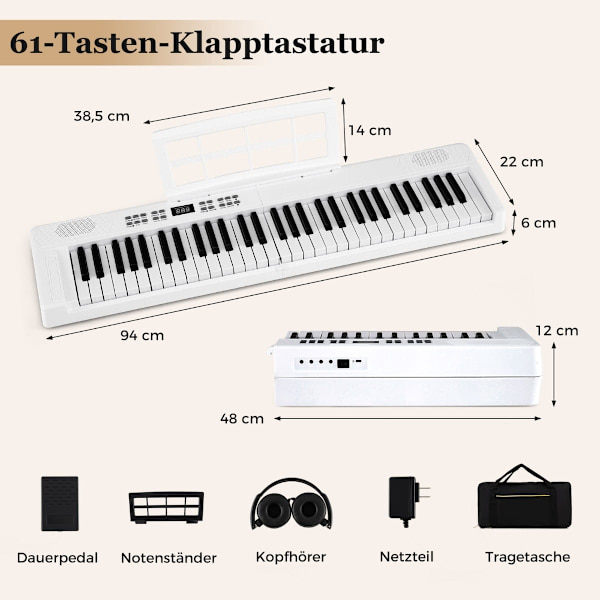 Hopfällbart elektroniskt keyboard med 61 tangenter, MIDI och split