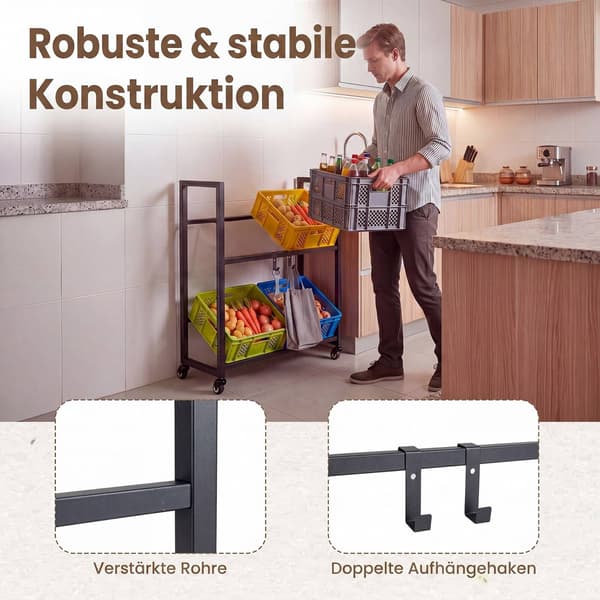 2-lags rullende drikkekassestativ med hjul, sort
