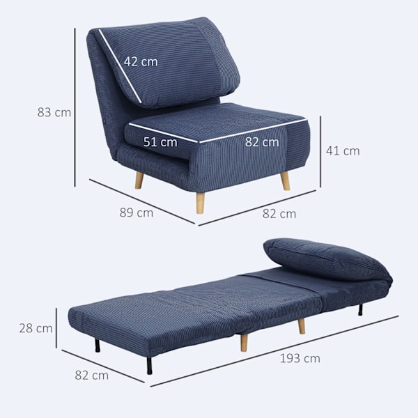 2-i-1 sovesofa, stoleseng, justerbar foldemadras, gæsteseng i fløjlsbukslook, til soveværelse, stue, blå, 82 x 89 x 83 cm Aosom