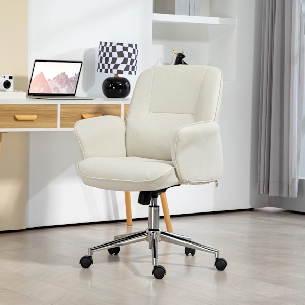 Kontorstol med vippefunktion, skrivebordsstol, højdejusterbar drejestol, ergonomisk arbejdsstol, moderne, kan holde op til 120 kg, mikrofiber, cremehv