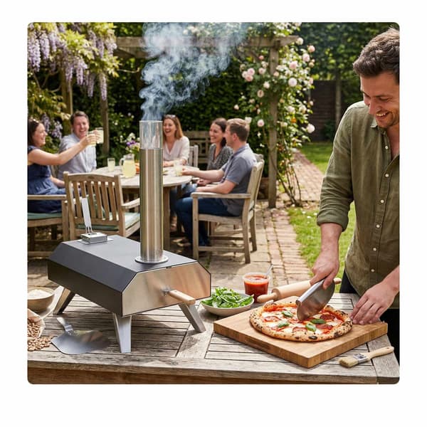 Bordpizzaovn med pilleform og sten, sort/sølv
