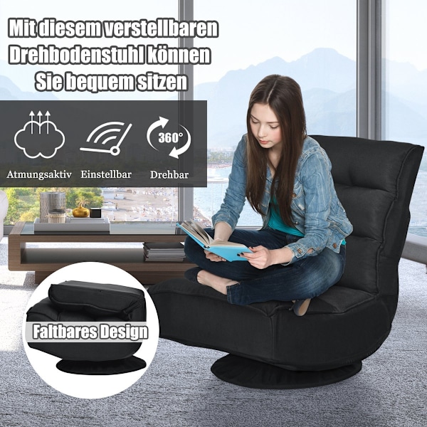 Afslapningsstol, justerbar, klapstol, drejelig gulvstol, sofastol, gulvpude, sort