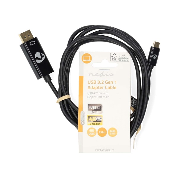 USB-C™ Adapter | USB 3.2 Gen 1 | USB-C™ Han | DisplayPort Han | 4K@60Hz | 2.00 m | Runde | Guldplateret | PVC | Sort | Label