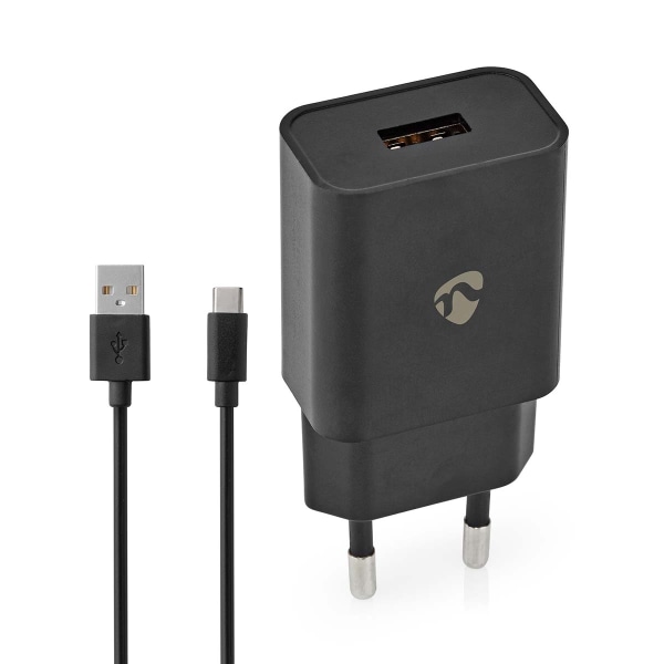 Väggladdare | 12 W | Snabbladdnings funktion | 1x 2.4 A A | Antal utgångar: 1 | USB-A | USB Type-C™ (Lös) Kabel | 1.00 m | Single Voltage Output Svart