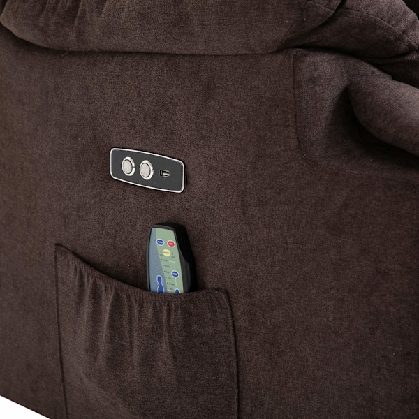 Massagestol med ståhjälp, relaxstol med värmefunktion, justerbar vinkel, USB-fjärrkontroll, kort plysch, brun, 83x95x105cm