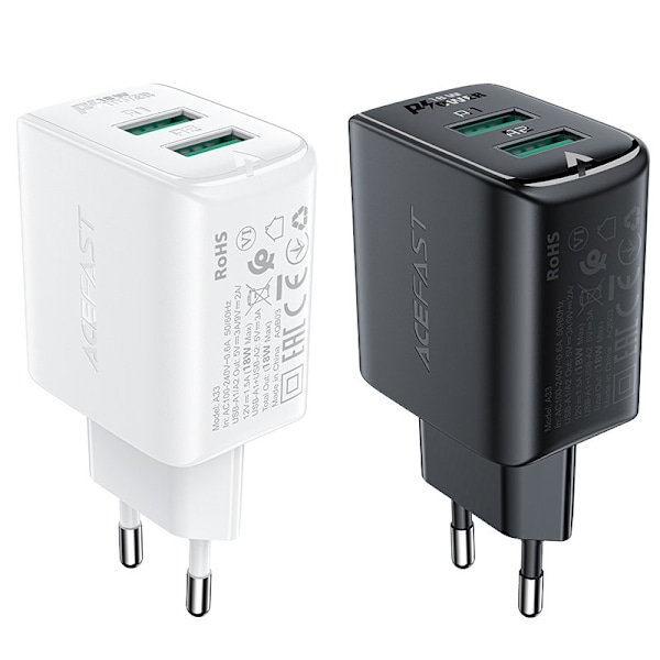GaN netværksoplader 2x USB 18W QC 3.0 AFC FCP hvid