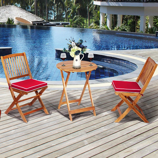3 kpl. Patiohuonekalusetti pyöreällä pöydällä ja 2 tuolilla ja 2 tyynyllä ergonominen istuinsarja punainen
