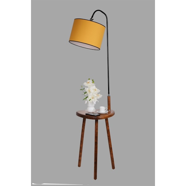 Gulvlampe Demet Sehbalı Ahşap Lambader Ceviz Silindir Hardal Abajurlu