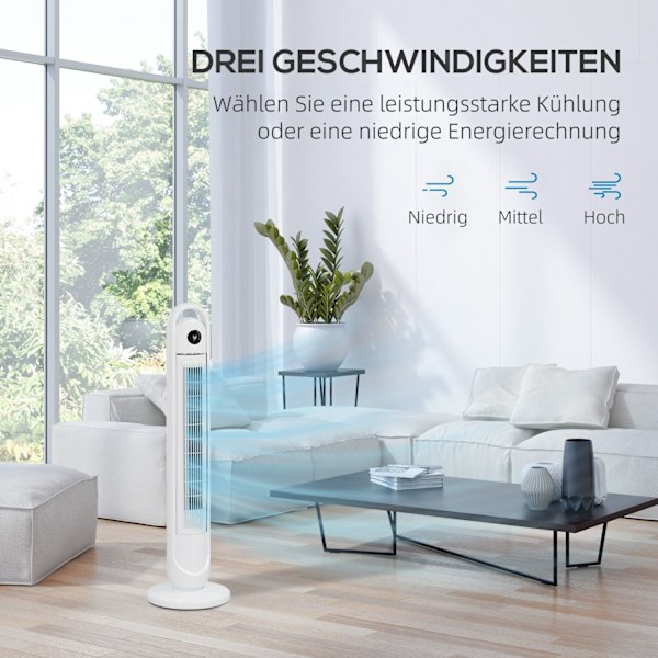 Tornfläkt, piedestalfläkt med 3 ventilationsnivåer, fjärrkontroll, 55W fläkt med 24H timer, LCD-display, 70° oscillation, för sovrum, vit Aosom