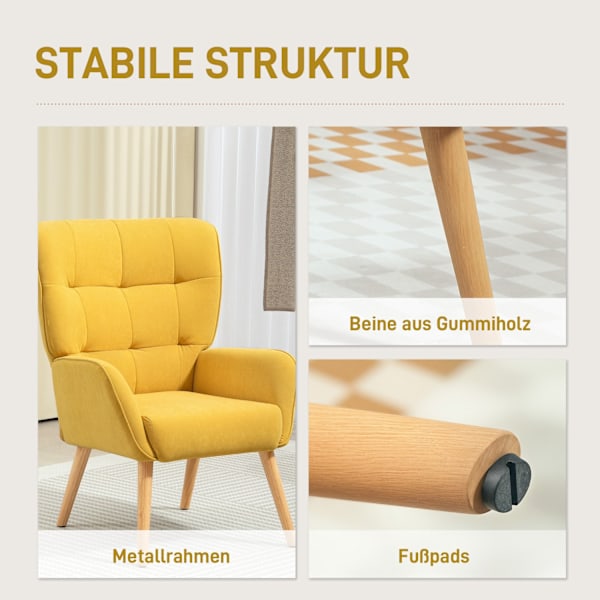 Lænestol Stue Lounge Stol Afslapningsstol med træben Læsestol med Velvet Look Polstret Stol til Soveværelse Gul
