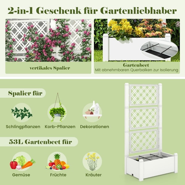 Højbed med espalier, 3 niveauer højdejusterbar, blomsterkasse med espalier 76 x 45 x 150 cm hvid
