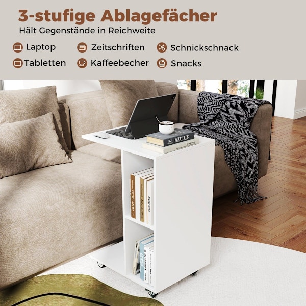 C-formet sidebord, smalt sidebord med hylder, mobilt sengebord til stue, hvid
