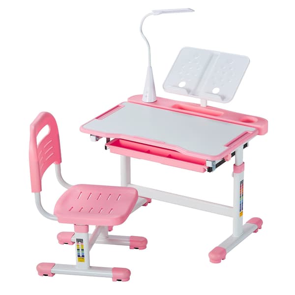 Barnskrivbord och stolsset, höjdjusterbart, lutningsbart bord, rosa