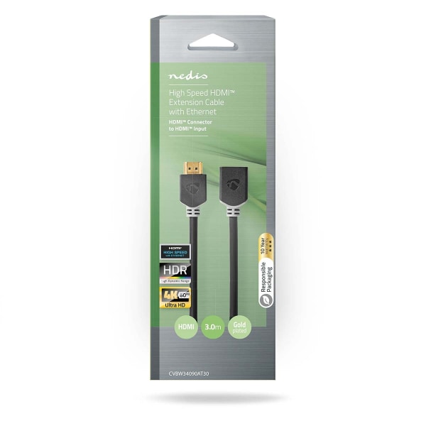 High Speed ​​HDMI ™ kabel med Ethernet | HDMI™ Stik | HDMI™ Hun | 4K@60Hz | ARC | 18 Gbps | 3.00 m | Runde | PVC | Antracit | Box