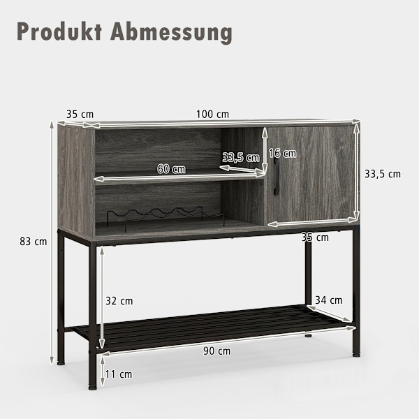 Barskåp med vinställ och hyllor Träkonsolbord med metallram för matsal 100 x 35 x 83 cm Grå