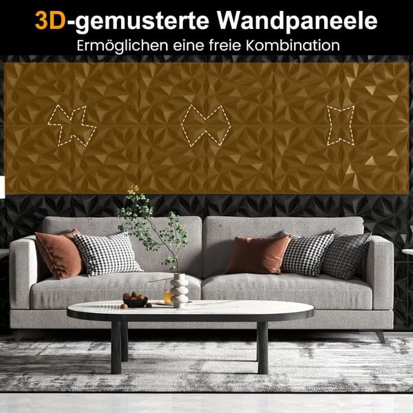 3D-vægpaneler, diamantmønster, sort, 5m² dækning