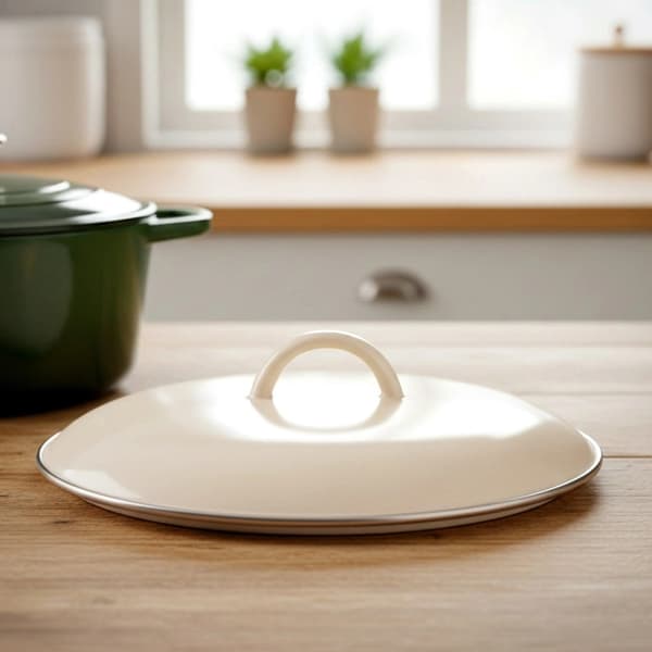 28 cm kermanvärinen emalikansi kahvalla