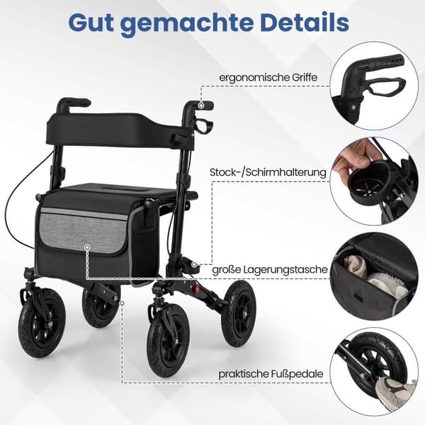 Sammenfoldelig letvægtsrollator med luftdæk, aluminium, 140 kg kapacitet