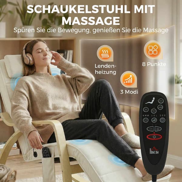 Hierontakeinutuoli lämmityksellä, jalkatuki, sametti, kermanvärinen