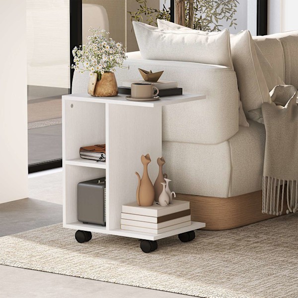 C Shape Sidebord Sofabord med Hjul Sofabord Transportabelt Sofabord til Små Flader 45 x 35 x 58 cm Hvid
