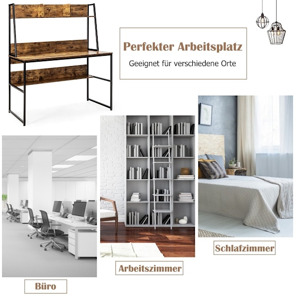 Computer skrivebord med hylde & bogreol & justerbare fodpuder Skrivebord Arbejdsbord kaffe