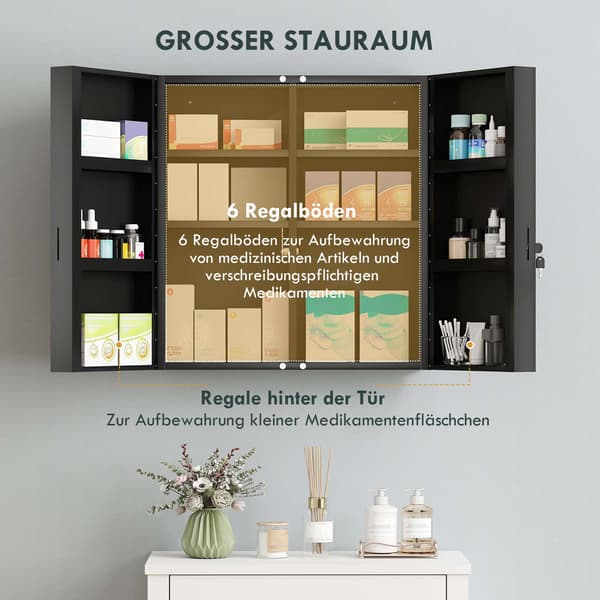 Låsbart medicinskab, 6 hylder, sort stål