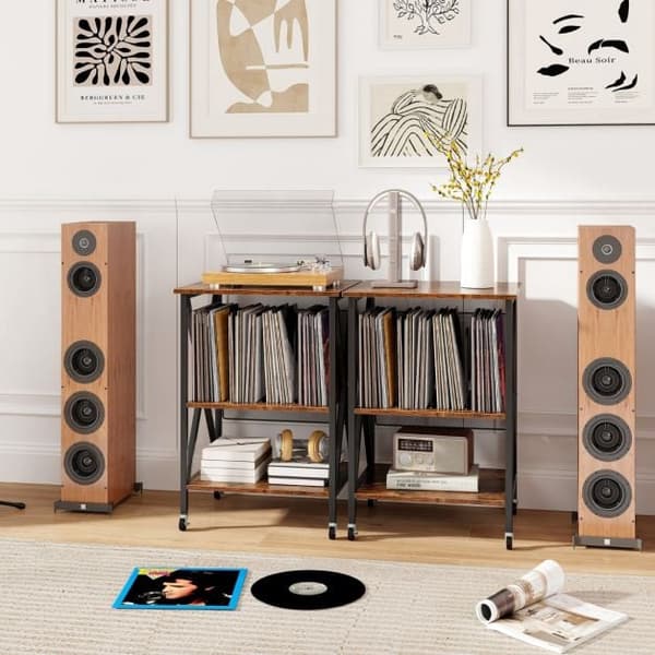Pladespillerstativ med vinylopbevaring, låsbare hjul