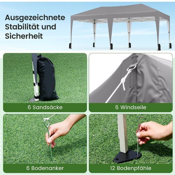 3 x 6 m pop-up-pavillon med UV-beskyttelse, grå