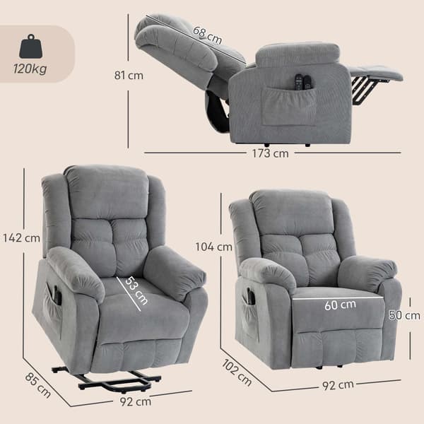Fåtölj med massagefunktion, lyfthjälp och USB-portar, ljusgrå