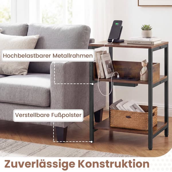 Sidebord med ladestation, 3-lags, rustik brun