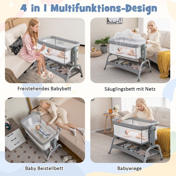 4 i 1 mobil babysäng med myggnät & madrass & 6 justerbara höjder grå