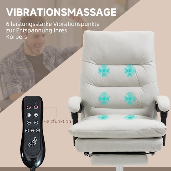 Kontorstol med massagefunktion, med 135° vippelig ryglæn, højdejusterbar, belastning 120 kg kunstlæder 65x72x109-117cm cremehvid