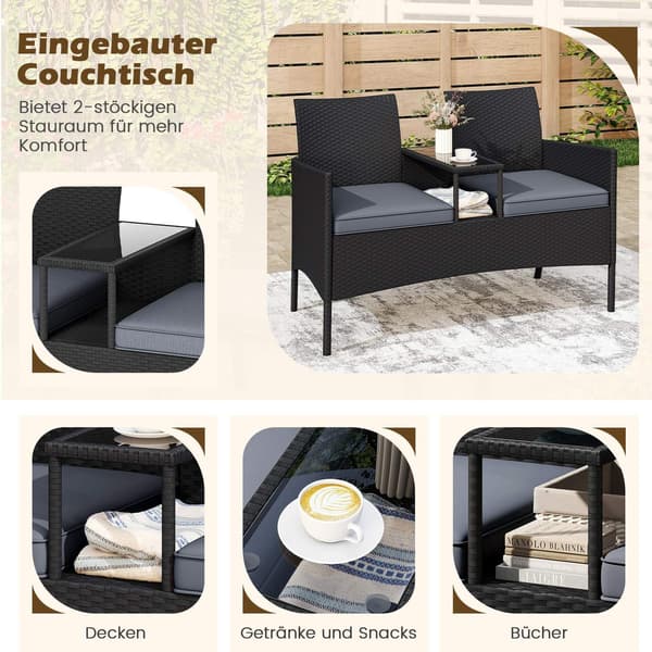 2-sits polyrattan trädgårdsbänk med bord, grå