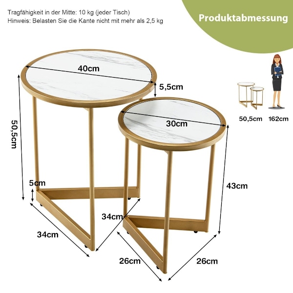 Sæt med 2 Marble Look sofaborde med guld metalben Moderne sidebord