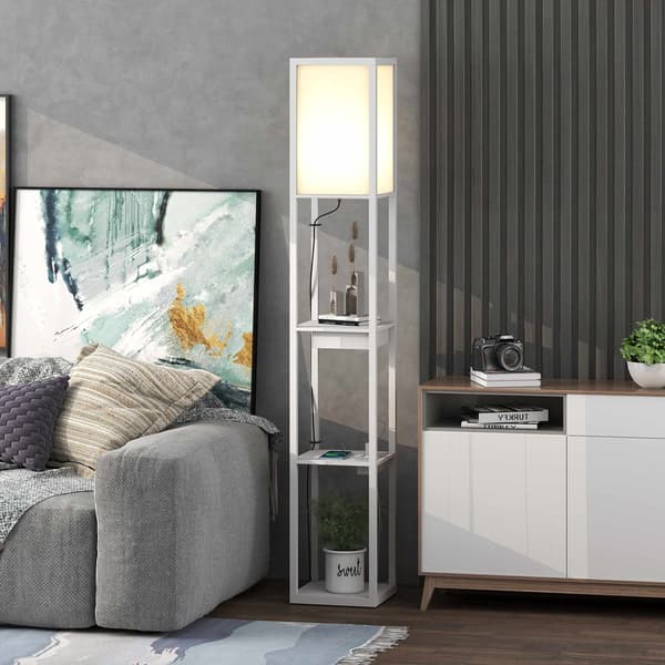 Gulvlampe med 3-lags hylde, USB-porte, hvid MDF