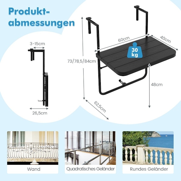 Fällbart räckesbord hängbord för inom- och utomhusbruk svart
