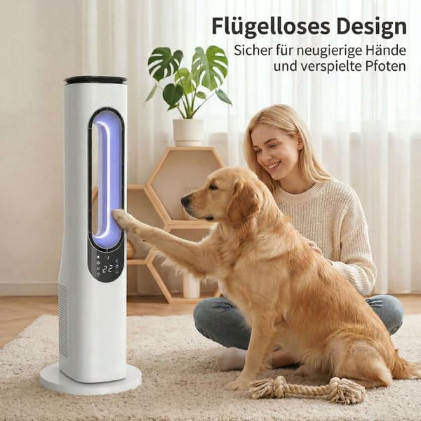 Bladløs tårnventilator med 15-timers timer, støjsvag 35 dB, hvid
