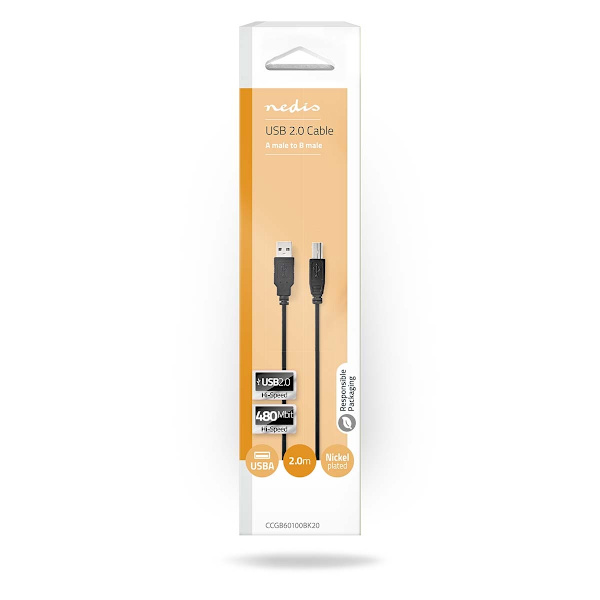 USB kaapeli | USB 2.0 | USB-A Uros | USB-B Uros | 480 Mbps | Niklattu | 2.00 m | Pyöreä | PVC | Musta | Laatikko