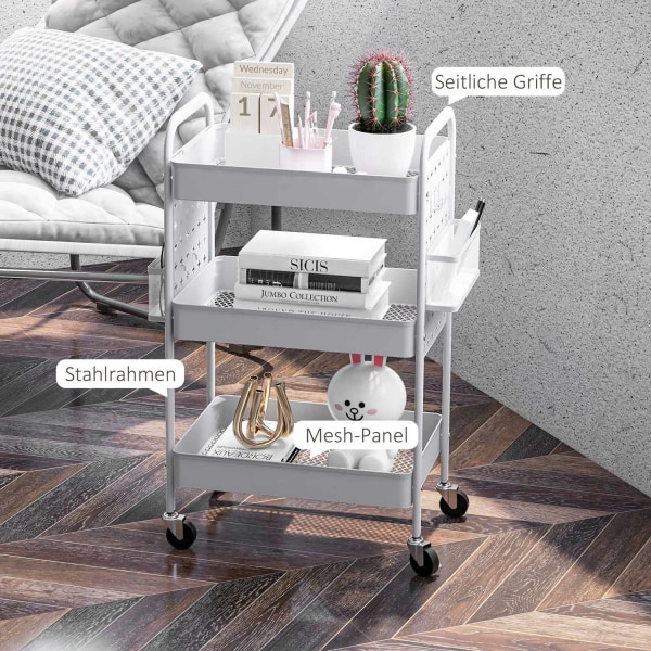 Rolling Trolley Tarjoiluvaunu, Jossa 3 Kerrosta Ja 2 Ripustettavaa Koria Säilytyskärry Keittiöön Olohuoneeseen Teräs Valkoinen