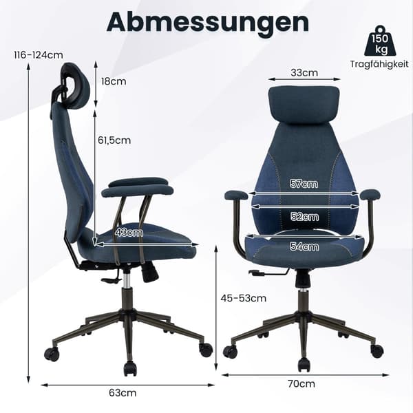 Ergonomisk kontorsstol, justerbart nackstöd, blått linne