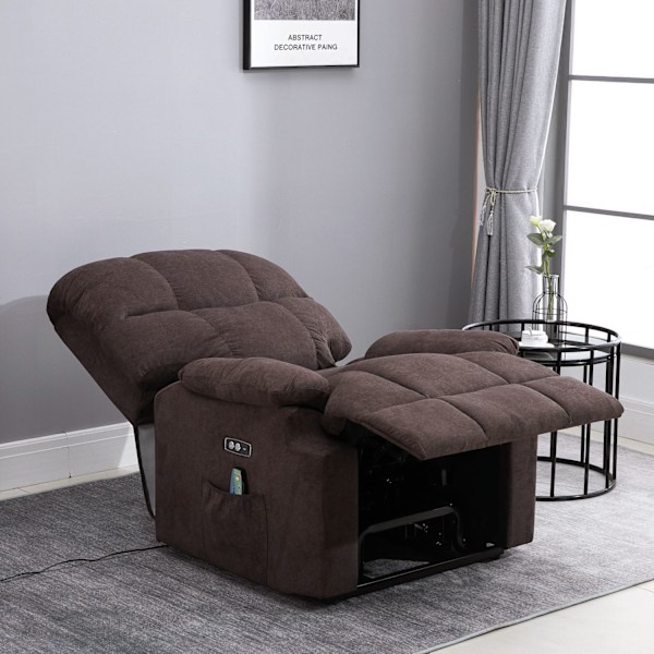 Massagestol med ståhjälp, relaxstol med värmefunktion, justerbar vinkel, USB-fjärrkontroll, kort plysch, brun, 83x95x105cm